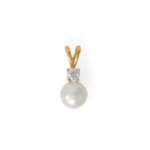 14 Karat Gold Plated CZ and Cultured Freshwater Pearl Slide Pendant Small